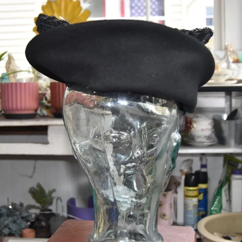 Vintage 1940s Glenover Henry Pollak Black Wool Tilt Hat Leaves Hatpins